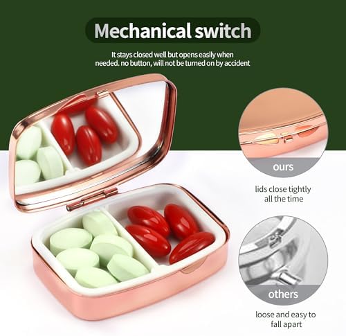 Dynippy Pill Case Pill Box with Mirror Retro Pocket 2 Compartment Medicine Case Vitamin Pill Organizer for Pocket Purse and Travel (Rose Gold- Red Heart Pattern)