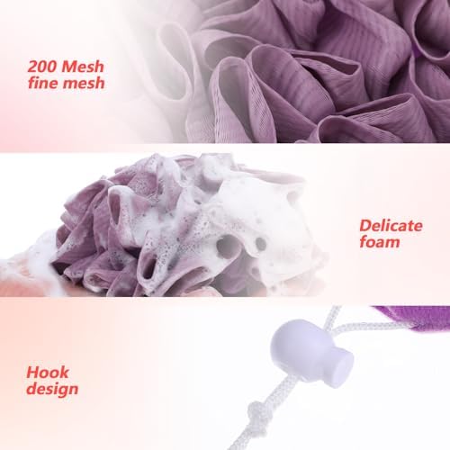3Pcs Soap Loofah Pouch, 2 in 1 Washcloth Loofah Combo with Retractable Cord That Holds Bar Soap Exfoliation Mesh Shower Ball for Body Wash Bathing Smooth Skin (Khaki + Coffee + Pink)
