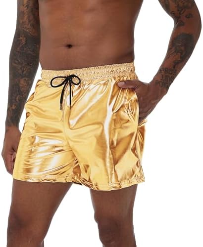 NewL Mens Gold Metallic Shiny Rave Night Club Shorts Comfort Sweatpants Disco Dance Party Elastic Trousers