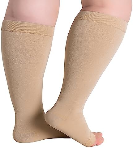 Hotfiary 1 Pair Plus Size Compression Socks-Up to 7XL Wide Calf 20-30 mmHg Compression Sock for Women Men Open Toe Stockings