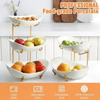 Ceramic Fruit Bowl for Kitchen Counter - 3 Tier Fruit Basket with Metal Stand, Tiered Fruit Stand for Countertop, Snack, Nuts, Cake, Dessert, Cute (Gold, Small) 1