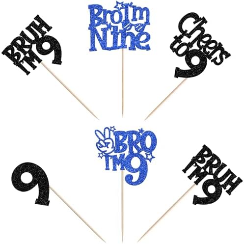 30 PCS Bro I'm 9 Cupcake Toppers Glitter Happy 9th Birthday Cupcake Picks Bruh I'm 9 Cake Decoration Cheers to Nine Years Old for Boys Brother 9th Birthday Party Cake Decorations Supplies Blue
