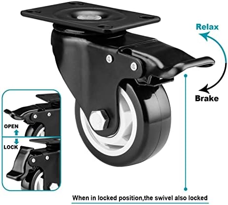 Caster Wheels - 3 Inch Casters Set of 4 Heavy Duty, BOSGEOT Locking Industrial Caster with 360 Degree No Noise Polyurethane Wheels, Swivel Plate Casters with Brake - Pack of 4