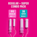 Flo - Organic Cotton Tampons for Women - 80 Pack (44 Regular, 36 Super) - Leak Proof - No Synthetic Fibers, Chlorine Bleach, Added Dyes - Bio-Plastic Applicator - Feminine Care - Vegan & Cruelty Free