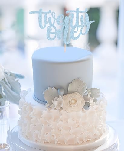 Twenty One Cake Topper - Light Blue Glitter 21st Birthday Cake Decorating Supplies, Photo Booth Props