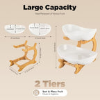 2 Tier Fruit Basket,Fruit Bowl for Kitchen Counter,Two Tier Serving Stand,Ceramic Fruit Bowl With Bamboo Wood Stand for Fruit Vegetable Storage Cake Dessert Nuts Snack Salad (White)