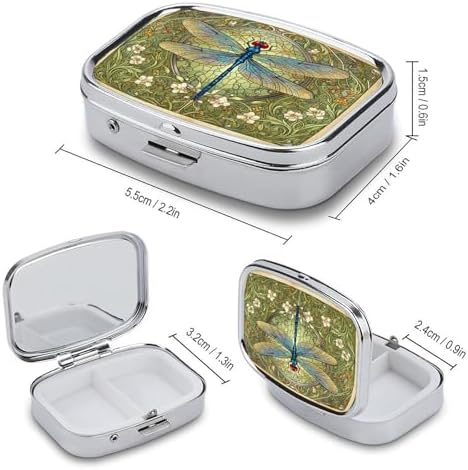 Metal 2 Compartment Pill Organizer Travel Friendly Portable Compact Pill Box,Cute Pill Case to Hold Vitamins,Fish Oil,Supplements,Meds,Tablet for Purse,Pocket (The Dragonfly with a Green Background)