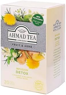 Ahmad Tea Herbal Tea, Ginger, Peppermint, Fennel, Dandelion, & Birch 'Detox' Teabags, 20 ct (Pack of 6) - Decaffeinated & Sugar-Free