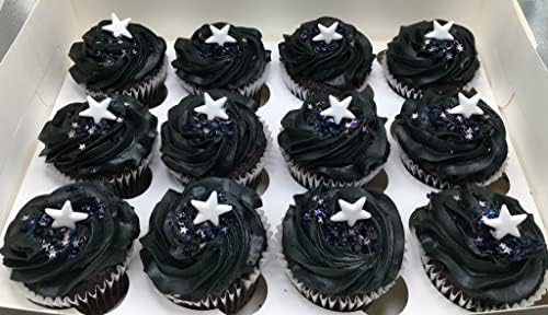 24pk Small White Stars Sugar Decoration Toppers for Cakes Cupcakes Cake Pops with Galaxy Sparkle Flakes