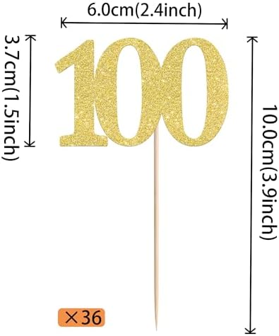 Rsstarxi 36 Pack Number 100 Cupcake Toppers Gold Glitter Cheers to 100 Years Birthday Cupcake Picks Decoration for Happy 100th Birthday Wedding Anniversary Party Cake Decorations