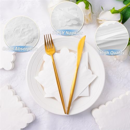 100 White Scalloped Cocktail Napkins, 3 Ply 5 x 5 Inch Beverage Napkins Paper Napkins Disposable Luncheon Napkins for Wedding Birthday Party Bridal Anniversary Baby Shower