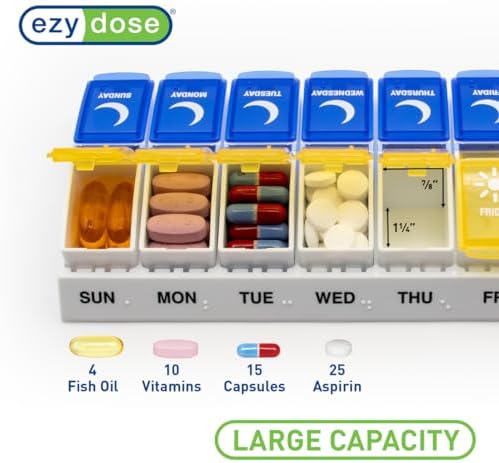 EZY DOSE Weekly (7-Day) AM/PM Pill Organizer, Daily Vitamin Container and Medicine Box, Large Pop-Out Compartments, Designed for Travel, 2 Times a Day, Blue and Yellow Lids