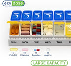 EZY DOSE Weekly (7-Day) AM/PM Pill Organizer, Daily Vitamin Container and Medicine Box, Large Pop-Out Compartments, Designed for Travel, 2 Times a Day, Blue and Yellow Lids