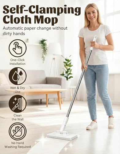Snap Grip Mini Mop, Hands-Free Cloth Changing with 360° Rotating Head, Zero-Touch Portable Wall Mop for Floor, Tile and Mirror, Universal Pad Compatibility for Any Cloth+ Magic Cleaning Cloth*10