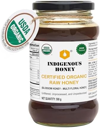 INDIGENOUS HONEY USDA Certified Organic Raw Wild Blossom Honey, Unfiltered Small-Batch Micro-Lot Harvest, Glass Jar, Single-Origin, 17.64 oz