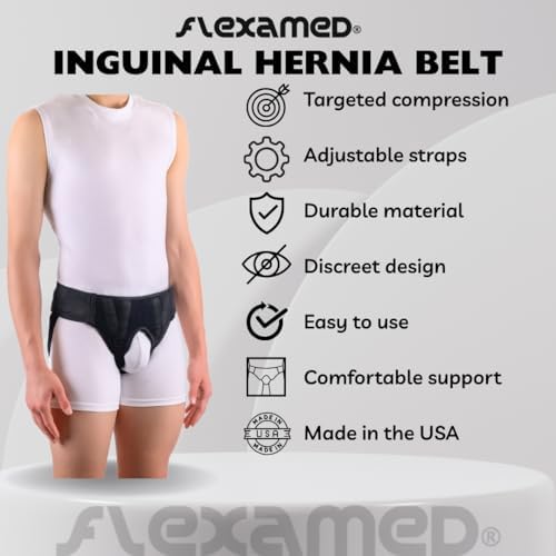 FlexaMed Left Side Inguinal Hernia Groin Truss Belt Adjustable Black (S 26-30)