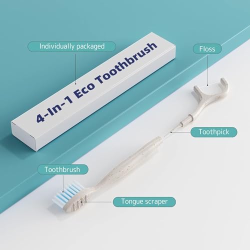 NUDUKO Travel Toothbrush Dental Floss Picks - 4 in 1 Biodegradable Disposable Toothbrushes with Tongue Scraper, Eco-Friendly Individually Wrapped Toothbrush for Adult Kids Travel Oral Care, 80 Pack