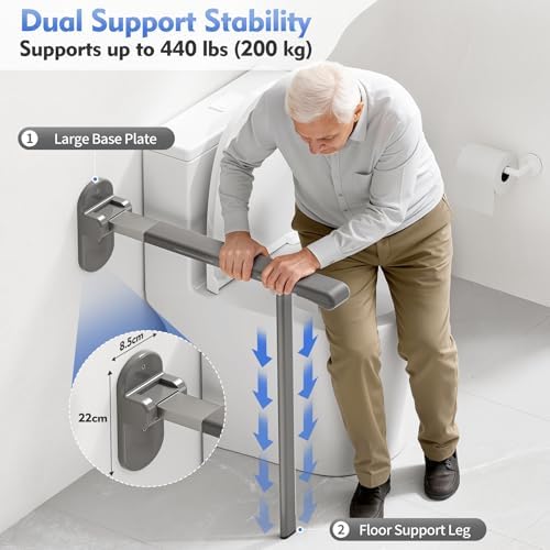 Flip Up Grab Bar with Support Leg, 26.8" high Toilet Safety Rails for Seniors, Wall Mounted Toilet Grab Bars for Disabled and Elderly, Space-Saving Foldable Handicap Bars for Bathroom