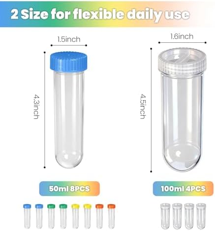 Protein Powder Travel Container Set 12 Pack – 8x50ml & 4x100ml Leak Proof Reusable Supplement Powder Container to Go with Funnel & Labels, Portable Gym Protein Storage for Fitness, Work, Travel