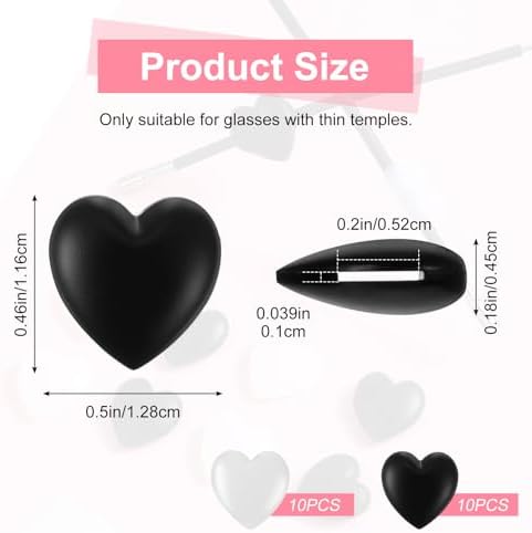 10 Pairs Heart Eyeglass Ear Grip Silicone Anti Slip Eyewear Retainer Eyeglasses Stopper for Ear Hooks Holder Soft Sunglasses Temple Tips Stopper for Adults (Black, Clear)