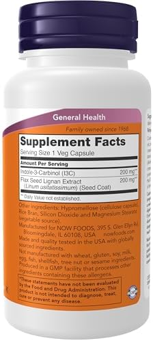 NOW Foods Supplements, Indole-3-Carbinol 200 mg with Flax Lignan Extract, 60 Veg Capsules