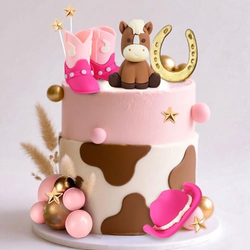 JeVenis Pony Cowgirl Cake Topper Cowboy Western Cake Decorations Cowgirl Hat Birthday Cake Topper Cowgirl Boots Cow Balls Cake Decoration