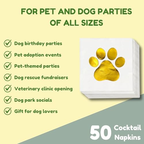 Dog Party Decorations, Paw Print Napkins, 50 Pack, Puppy Birthday Supplies, Pet Paper Cocktail Napkin, Animal Themed Gold Foil Decor