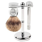 Parker 82R Heavyweight Double Edge Butterfly Safety Razor Set - Includes Badger Shave Brush, Chrome Stand and 5 Premium Platinum Razor Blades