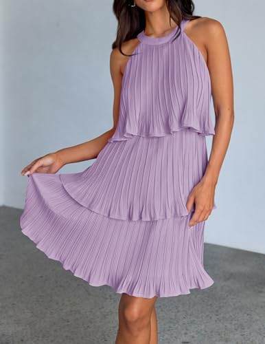 ZESICA Women's 2026 Summer Halter Cocktail Dresses Sleeveless Ruffle Tiered Chiffon Pleated Wedding Guest Mini Dress
