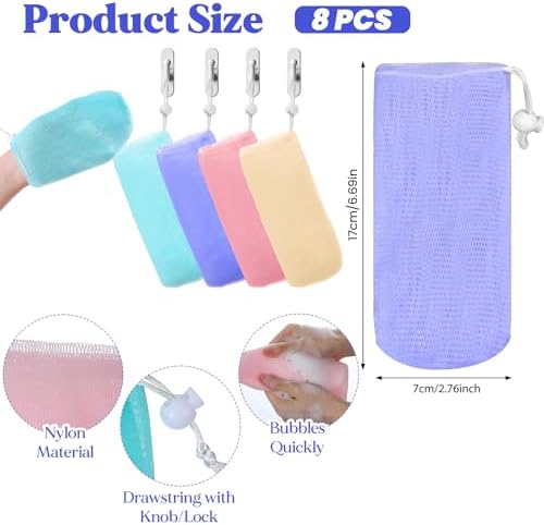 8 Pcs Exfoliating Mesh Soap Bag, Multicolor Soap Saver Pouch with Drawstring Reusable Bubble Soaps Scrubber Pouch Portable Body Cleaning Tool for Shower Body Facial Cleaning