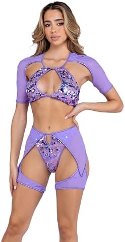 Roma Women's Standard Rave/Festival Sequin Bikini Bottom with Attached Sheer Mesh Chaps Neon Yellow
