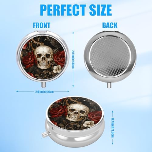 Skull Rose Pill Case, Halloween Pill Box 3 Compartments Metal Small Pill Holder with Mirror Mini Travel Pill Container for Purse Pocket Women Men