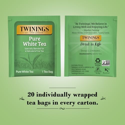Twinings Pure White Tea Bags - Delicate Caffeinated Tea Made from Fresh White Tea Leaves, Perfect for Hot or Iced Tea, 20 Count (Pack of 2)
