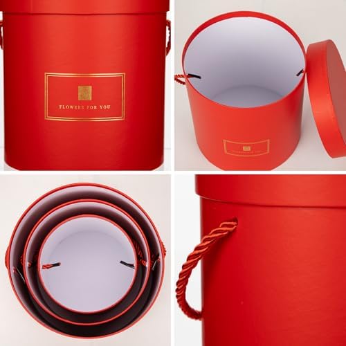 Hollyone Red Gift Box with Lids Set of 3 Round Nesting Gift Boxes Cylinder for Presents 3 Assorted Sizes Flowers Arrangements Boxes for Gift Giving Christmas Valentine Mom Gifts Present Wrapping