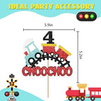Train 4th Birthday Cake Topper, Choo Choo I'm 4 Cake Topper for Boy, Transportation 4 Years Old Birthday Cake Decor, Train Themed 4th Birthday Party Decoration - Red Glitter