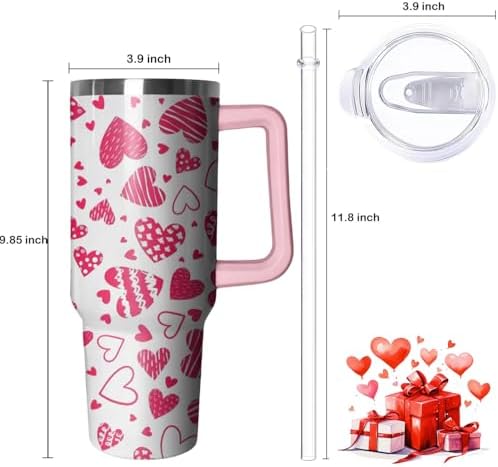 40oz Valentines Day Tumbler with Handle and Straw, Heart Stainless Steel Vacuum Insulated Cup, Travel Mug Water Bottle, Birthday Christmas Gifts for Wife Girlfriend Bride