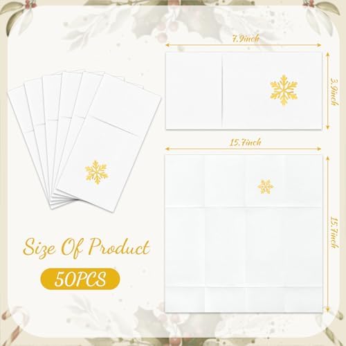 JarThenaAMCS 50 Pcs Christmas Linen Feel Napkin Snowflake Gold Foil Disposable Airlaid Paper Napkin White Prefolded Dinner Napkins with Built-in Flatware Pocket for Winter Holiday Party Supplies