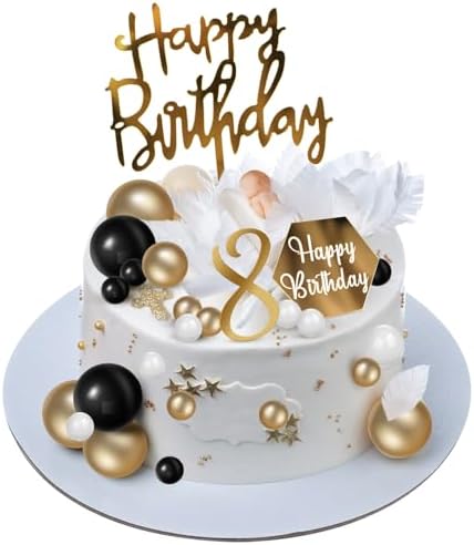 48 Pcs Ball Cake Toppers, DIY Cake Decorations with Black Gold White Balls Acrylic and Happy Birthday Cake Insert Toppers for Men Boy Black Theme Birthday Party Wedding Anniversary Party