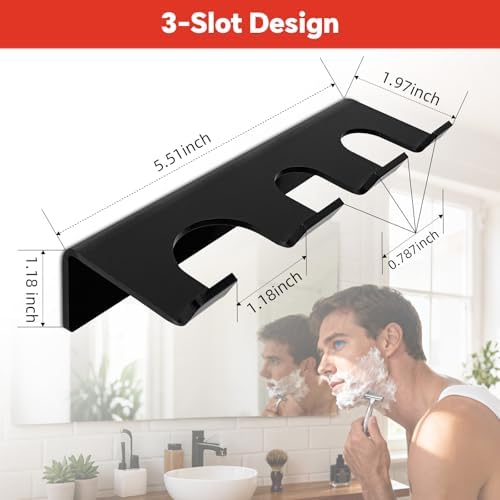 Acrylic Shower Wall Razor Holder Organizer for Men's Double Edge Safety Razor & Shaving Brush (Black)