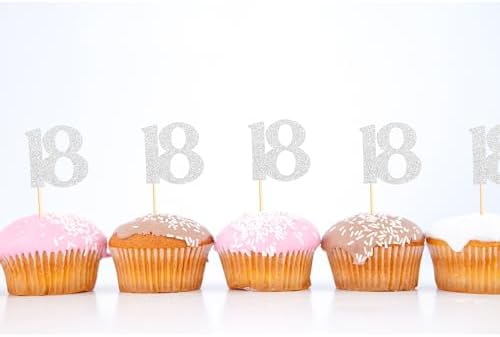 Sotpot 30 Pack Happy 18th Birthday Cupcake Toppers 18 Years Cupcake Decorations for 18th Birthday Anniversary Party Supplies Silver Glitter