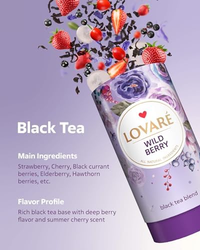 LOVARE Wild Berry Loose Leaf Tea 80 g - Made in Ukraine - Black Tea, Cherry, Roses, Hawthorn Berries, Elderberry, Black Currant Berries, Strawberry - Gift Box with 15 Paper Filters (Wild Berry)