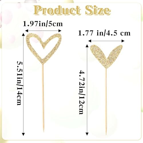 Xinjoduz 24 PCS Glitter Wedding Cupcake Toppers, Mini Love Heart Cupcake Toppers Sticks for Valentine's Day Wedding Engagement Bridal Shower Happy Birthday Party Decorations(Gold, 2 Style)