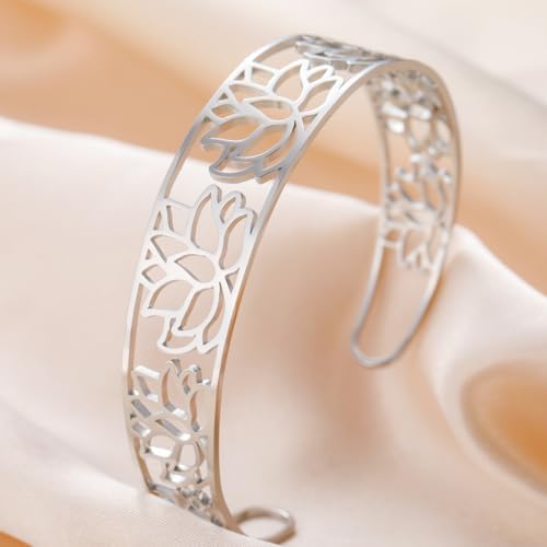 Dreamtimes Lotus Open Cuff Bangle Bracelet Stainless Steel lotus bracelet Elegant Hollow Carved Adjustable Bracelet for Women Boho Floral Jewelry Gift