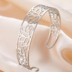 Dreamtimes Lotus Open Cuff Bangle Bracelet Stainless Steel lotus bracelet Elegant Hollow Carved Adjustable Bracelet for Women Boho Floral Jewelry Gift