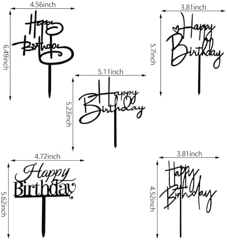 5 PCS Black Happy Birthday Cake Topper Acrylic Birthday Cake Decorations for Party Supplies
