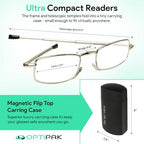 Hard Case Folding Reading Glasses – Compact Pocket Size Spring Hinge Readers for Men & Women – Foldable Eyeglasses