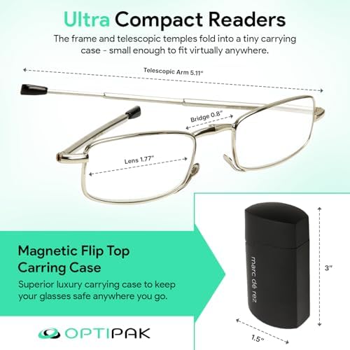 Hard Case Folding Reading Glasses – Compact Pocket Size Spring Hinge Readers for Men & Women – Foldable Eyeglasses