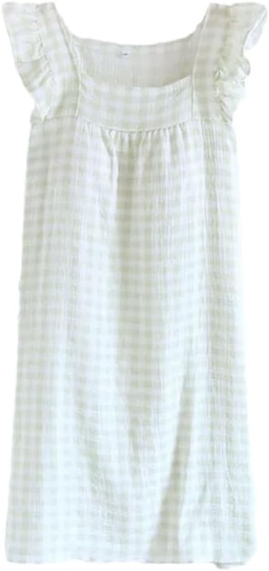 Women's Plaid Pajama Dress Thin Vest Night Wear Plaid Night Gown with Chest Pad Loose Sleep Dress
