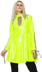 Women PVC Long Sleeve Dress Vinyl Hollow Out A-Line Dress High Waist Above Knee Mini Party Dress,Fluorescence Green,M