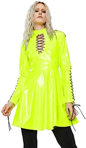 Women PVC Long Sleeve Dress Vinyl Hollow Out A-Line Dress High Waist Above Knee Mini Party Dress,Fluorescence Green,M